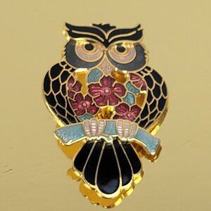 Vintage Signed Fish And Crown Multicolor Cloisonne OWL Brooch/Pin 1.5" Gold Tone